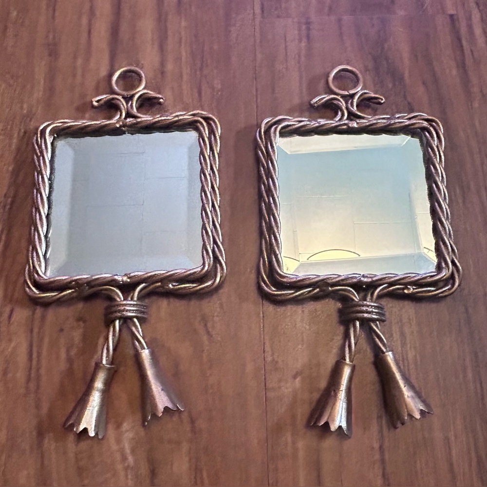 Vintage Twisted Rope Beveled Metal Mirror Tassles Homco Home Interior 9” x 5”
